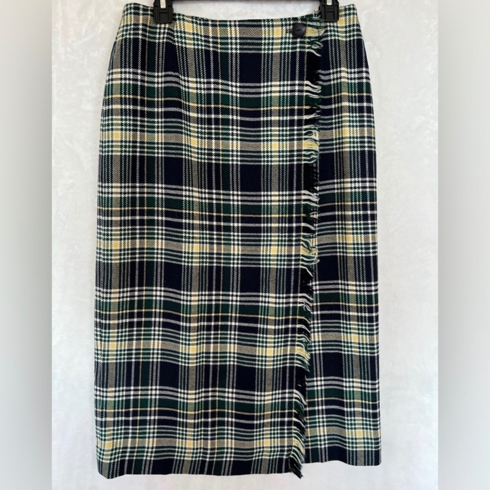 Talbots Vintage Wool Tartan Fringe Edge Wrap Plaid 90s Pencil Skirt 12